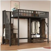 KLAM HOME Hochbett Hochbett mit integriertem Kleiderschrank und Aufbewahrungsleiter (Innovatives Raumwunder mit markantem Holz-Metall-Design) Perfekte Schlaf- und Stauraumlösung für Teenager und Erwachsene