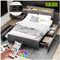 oyajia Polsterbett LED Doppelbett 140x200cm, Stauraumbett mit Kopfteil und 4 Schubladen (Leinenmaterial Polsterbett mit RGB Beleuchtung), mit Lattenrost und Ladefunktion, mit Komforthöhe, Leises Design Bett