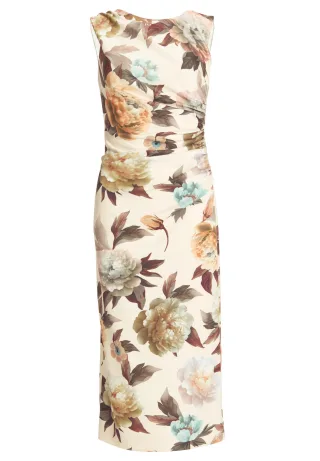 SWING - Midi Kleid aus bedrucktem Scuba mit Drapierung champagne beige/chocolate brown - Gr. - 44