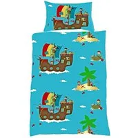 JACK Babybettwäsche 100x135cm Piratenschiff Pirat Schatz Fleuresse, Biber, 2 teilig, Babybettwäsche für kleine Piraten und Abenteurer
