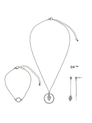 Steuer Modeschmuck Set Kette Armband Ohrringe Metall gesandet glanz Glasstein weiß