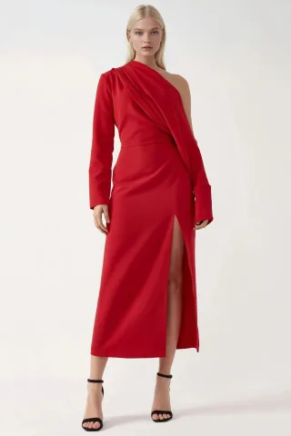Asymmetrisches Kragen-Kleid mit Schlitzen im Bodycon-Midi-Stil