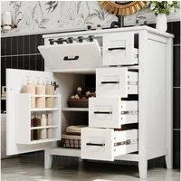 Flieks Waschtisch Waschbeckenunterschrank inkl. Keramik-Waschbecken Weiß (B76/T46/H90 cm, 1-St., bodenstehend), Badmöbel-Set Badzimmerschrank mit 4 Schubladen, Klappen und Türablagen