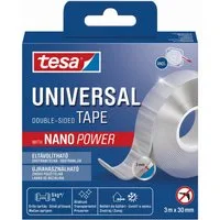 tesa Doppelklebeband Universal Tape mit Nano Power, doppelseitig transparent, extra stark (Packung, 1-St., wiederverwendbares, leicht ablösbares Montageband für innen und außen) Nanotape zum Befestigen, Dekorieren, Organisieren, Kleben ohne Nägel