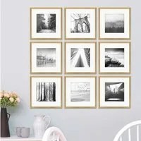 PHOTOLINI Bilderrahmen Sets quadratisch 30x30 cm aus MDF Holz mit Acrylglas & Zubehör, für 9 Bilder (9er Set), 9er Set Gold mit Passepartouts für Bilder in 20x20 cm