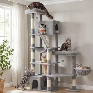 FEANDREA Kratzbaum, 188,2 cm hoch, Katzenbaum, für große Katzen, Katzenkratzbaum hellgrau