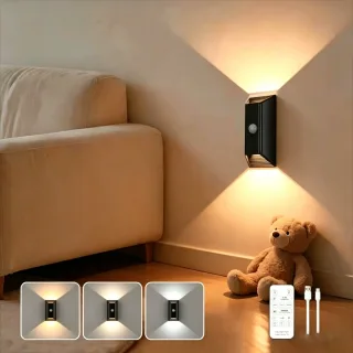 Elfeland Rechargeable LED Motion Sensor Wall Light with Remote Control Up & Down Glow 3 Color Temperatures Auto-Off Magn