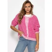 SASSYCLASSY Cardigan Gestreifter Cardigan für Damen Lässige Strickjacke mit Knopfleiste und Rundhalsausschnitt Pink Taupe