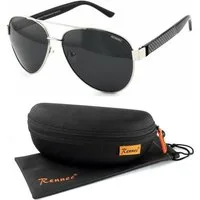 Rennec Sonnenbrille (Große Pilotenbrille Polarisiert Silber Chrom Schwarz mit Hardcase) Polarisierte Gläser Schwarz Getönt, sportlich breite Brillenbügel
