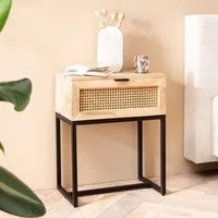 FINEBUY Nachttisch FB98156 Nachtkommode Boxspringbett Holz 50x60x30 cm Wiener Geflecht (Nachtkonsole mit Schublade, Nachtkästchen Modern), Massivholz / Rattan 50x60x30 cm Nachtschrank