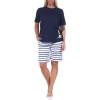 Normann Pyjama Maritimer Damen kurzarm Shorty Schlafanzug, Top mit Leuchturm Motiv