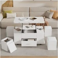 Merax Couchtisch 4-in-1 höhenverstellbarer Sofatisch mit ausklappbarer Tischplatte (1-St., wandelbar vom Sofatisch zum Esstisch), Wohnzimmertisch mit Schublade,4 Hockern,Stauraum & Rollen,100x50x45cm