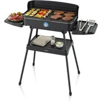Arendo Tischgrill Gourmet Elektrogrill mit Standfuß, Edelstahl, 2 Grillzonen, elektrisch, 2200 W, Antihaftbeschichtung, Temperaturregelung, für Balkon, Garten & Indoor