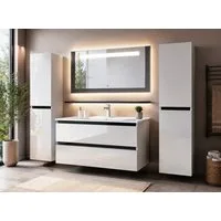Homeline Badezimmer-Set Badmöbel Set 90 cm Weiß Kaiser Mit Danny Spiegel schwarz Led, (Badmöbel, 6-St., Badmöbel Set)