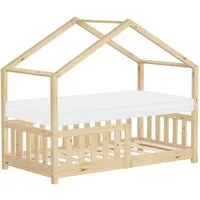 ML-DESIGN Spielbett Hausbett Kinderbett inkl. Lattenrost & Rausfallschutz Kinder Bodenbett, Abenteuerbett 70x140cm mit Matratze Himmelbett Kiefer Jugendbett Natur