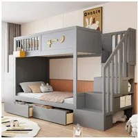 Flieks Etagenbett, Kinderbett 90×200cm mit Schubladen Stauraumtreppe Schreibtisch