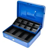 HMF Geldkassette Geldkassette abschließbar, Kasse mit 8 Münzfächern, und 4 Geldscheinmulden, 30 x 24 x 9 cm, blau