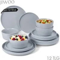 JIWOO Geschirr-Set 12tlg Kombiservice Teller-Set Tafelservice Schüssel-Set Speiseteller (12-tlg), 4 Personen, Keramik, Hochwertiges Geschirr set Grau Mikrowellen spülmaschinenfest