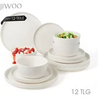 JIWOO Geschirr-Set 12tlg Kombiservice Teller-Set Tafelservice Schüssel-Set Speiseteller (12-tlg), 4 Personen, Keramik, Hochwertiges Geschirr set Weiß Mikrowellen spülmaschinenfest