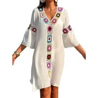 MOPUEA Strandkleid Floral gehäkelte Strandbluse, V-Ausschnitt Transparent (Strand Gehäkelte Strandkleider Damen Sommer Gehäkeltes Strandkleid, 1-tlg., Gehäkelt Boho Kurzarm Große Größen Swim Beach Cover Ups) Strandkleid Damen Bikini Cover Up Kleid