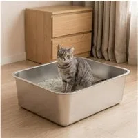 DAITORE Katzenecktoilette Groß Katzenklo Edelstahl 44.5x34.5x14.5cm, mit Hohem Rand, Leicht zu Reinigen Antihaft