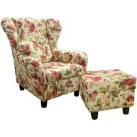 luma-home Ohrensessel 18004-OTTO (mit Hocker und Zierkissen, Wellenunterfederung, B90/H98/T76 cm), Lesesessel mit Echtholzfüßen, Bezug Webstoff im Blumenmuster