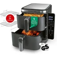 GOURMETmaxx Heißluftfritteuse FryUp Vertikaler Doppelkammer Airfryer 2x 5l, 2800 W, klappbares Touchdisplay, 32% platzsparender, Fassungsvermögen 10L