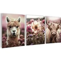 artissimo Mehrteilige Bilder Bilderset 3er-Set, Wandbilder-Set, Bilderwand Bilder, rosa beige Deko, Tiere: Alpaka und Hochlandrind