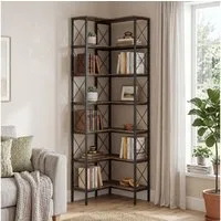 HOMCOM Bücherregal Eckregal mit 6 Ebenen, Büroregal 1-tlg., 60 x 60 x 200 cm, Rustikal-Braun