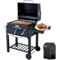 HOMAVO Holzkohlegrill mit Deckel & Grillabdeckungen Wasserfest, Grillfläche: 56 × 42.5 cm, Höhenverstellbare Kohlenwanne, Faltbarer Seitentisch, Thermometer