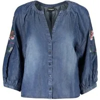 Desigual Blusenshirt Blaue Damen Langarmbluse mit Stickerei und