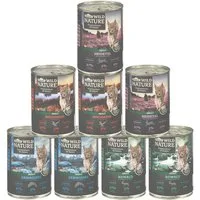 Dehner Wild Nature Probier-Set Fisch / Wild / Geflügel / Hase, 8 x 400 g Dose Lachs, Nassfutter für: Katze, Nassfutter für ausgewachsene Katzen, getreidefrei