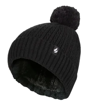 Damen-Thermokabel-Beanie-Mütze | Wärmehalter | Gestrickte Wintermütze mit Bommel | Weiche gerippte Bommelmütze in Schwarz