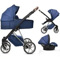 TPFFamily Kombi-Kinderwagen 3in1 Musse Royal, Baby Buggy Babywanne 5-Punkt-Sicherheitsgurt, Zubehör-Set Kinderwagen 3 in 1 Kunstleder Blau, Gestell Silber