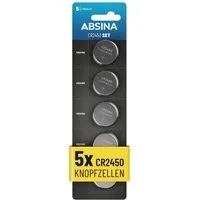 ABSINA CR2450 Knopfzelle 5er Pack - CR 2450 3V Knopfzellen auslaufsicher Knopfzelle, (3V V, 1 St)