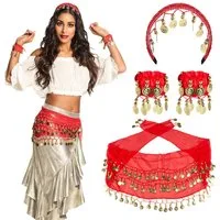 Boland Kostüm Bauchtanz-Gürtel Set Belly Dance rot goldfarben 4-teilig orientalisch, Set bestehend aus: Haartuch, 2 Armbändern und Münzgürtel