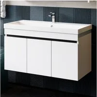 Karen Waschtisch-Set Waschtisch mit Unterschrank Venus Weiß, (2-St., Der Lieferumfang umfasst Unterschrank, eine Konsole und Waschbecken), Futuristisch, Hochglanz, Keramikwaschbecken, Softclose