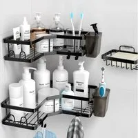Fine Life Pro Duschablage ohne Bohren Rostfrei Schwarz Duschregal mit 4 Haken, 2-tlg., für Bad Küche Toilette,Badezimmer Regal Organizer