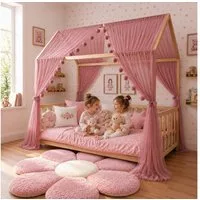 Baby Fancyroom Betthimmel Betthimmel Tüll Hausbett Kinderbett 2 Stück 340cm 380cm Montessori (3-tlg. Set mit 2x Betthimmel und einer 20er Pomponkette, Baldachin, Kinder Betthimmel Baldachin Himmel Deko Set), Betthimmel für Hausbett Montessori