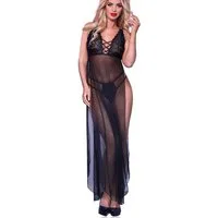 Chilirose Negligé Damen Dessous langes Kleid Gown Body in schwarz mit Schlitz vorn, Fron