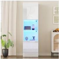 MODFU Vitrine 45x160x35 cm aus Spanplatte, mit 2 praktischen Türen (Highboard, Aufbewahrungsschrank, Hochschrank, Lagerschrank , 1-St., Hochglanz-Vitrine mit LED-Beleuchtung & Glasboden) Als schlankes Highboard für dekorative Aufbewahrung