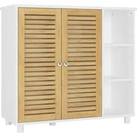 MSMASK Badkommode Badezimmerschrank mit 3 Offenen Regalen und 2 Bambustüren, 77 × 30 × 80 cm