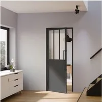 inova wohnen Zimmertür Loft-Glastür mit Stahlrahmen, Komplettset, großer Glaseinsatz, 830x2040 mm, Türzarge und Stabgriff in Schwarz, DIN links