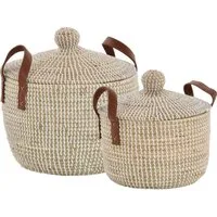 Krines Home Aufbewahrungskorb Set/2 Handgearbeiteter Seegras Dekokorb mit Deckel zur Aufbewahrung (2 St., 2er-Set), Flechtkorb Korb Natur mit weißen Wicklungen Rund Hell Natur