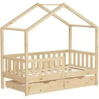 ML-DESIGN Spielbett Hausbett Kinderbett inkl. 2 Schubladen, Lattenrost und Rausfallschutz, Abenteuerbett 70x140cm Haus Bett Himmelbett Kiefer Jugendbett Natur