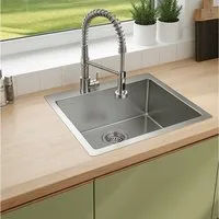 Faizee Möbel Edelstahlspüle Edelstahlspüle 50,5x55 Silber + Armatur Spiral Küchenspüle Siphon, eckig
