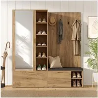 Flieks Garderoben-Set Schuhschrank, Kleiderschrank mit ausziehbarer Kleiderstange & Spiegel, (B160xT38xH180 cm, Flurschrank mit verstellbaren Einlegeböden), Kompaktgarderobe Einganschrank Flurmöbel-Set Holzoptik