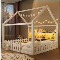 Merax Kinderbett mit LED-Lichtleiste (Kiefer Bodenbett Jugendbett, 1-tlg), Flachbett Hausbett 140x190cm mit LED-Lichtleiste & offenen Staufächern