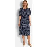GOLDNER Sommerkleid Kurzgröße: Sommerkleid mit Tupfen-Muster Midikleid mit Rundhals mit Schlitz, Knielänge und Halbarm