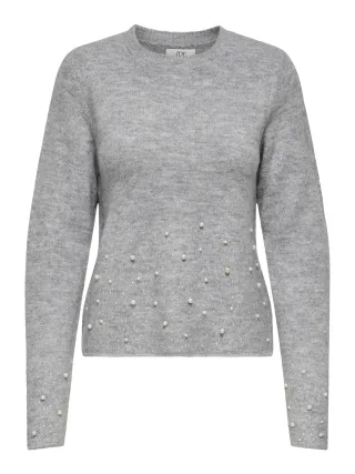JDY - JDYPEARL L/S O-NECK PEARL PULLOVER KNT Light Grey Melange - Gr. - L